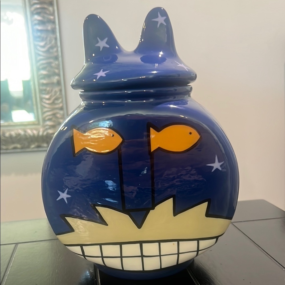 Alison Palmer Pottery Ceramic Grinning Cat Head With Fish Eyes Cookie Jar